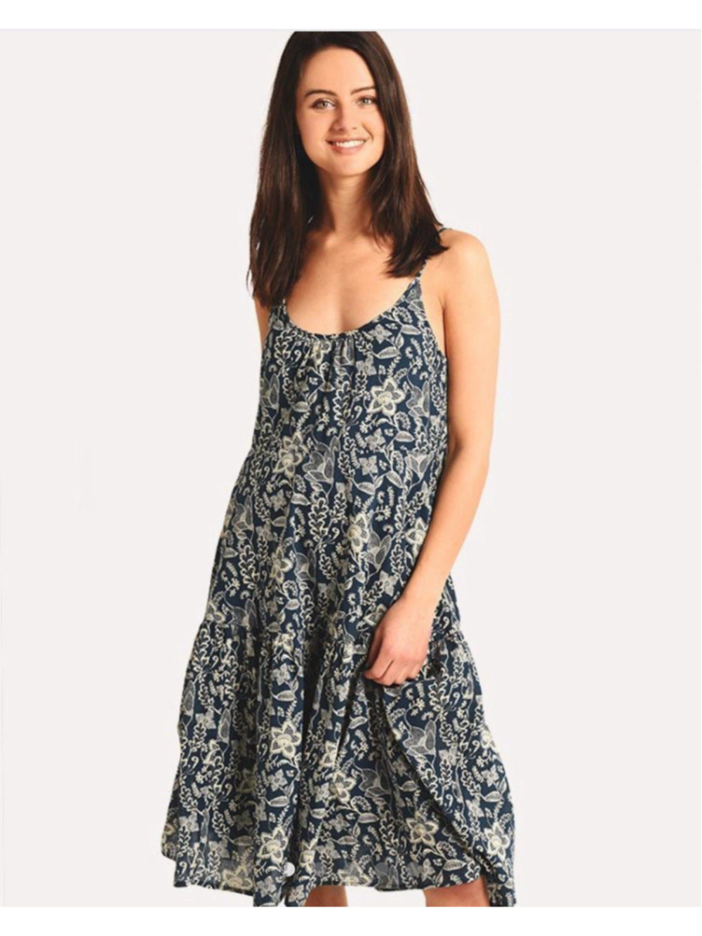Roller Rabbit POM Dakota Dress XS Navy Floral Boho Midi Adjustable Strap Cotton